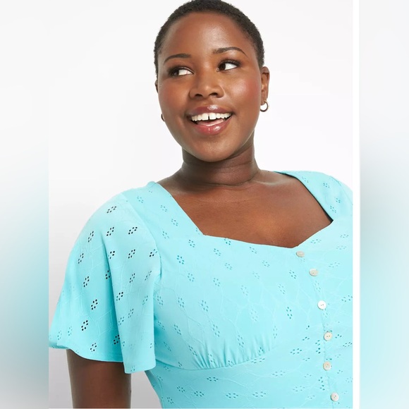 Lane Bryant cottagecore embroidered pastel blue flutter sleeve tiered midi dress - Picture 3 of 8